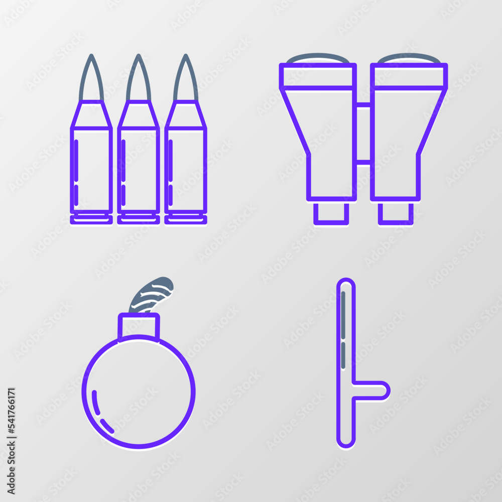 Set line Police rubber baton, Bomb ready explode, Binoculars and Bullet icon. Vector Set line Police rubber baton, Bomb ready explode, Binoculars and Bullet icon. Vector