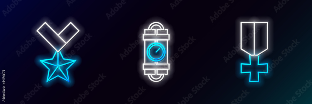 Set line Military reward medal, and Detonate dynamite bomb stick and timer clock icon. Glowing neon. Vector Set line Military reward medal, and Detonate dynamite bomb stick and timer clock icon. Glowing neon. Vector