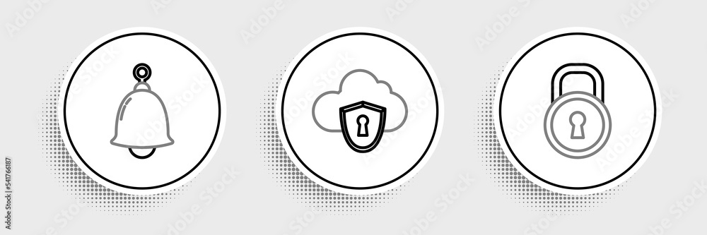 Set line Lock, Ringing bell and Cloud and shield icon. Vector Set line Lock, Ringing bell and Cloud and shield icon. Vector