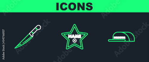Set line Cap with inscription director, Knife and Hollywood walk of fame star celebrity boulevard icon. Vector