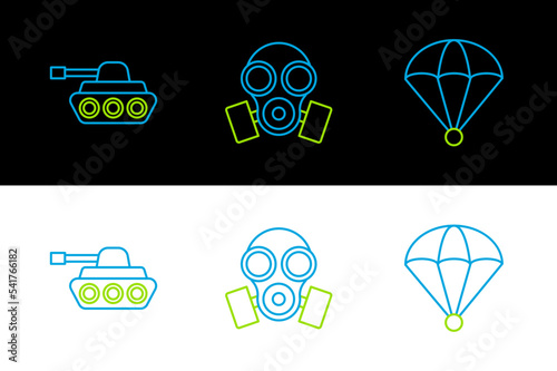 Set line Parachute, Military tank and Gas mask icon. Vector