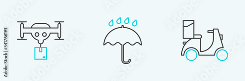 Set line Scooter delivery, Delivery drone with the package and Umbrella and rain drops icon. Vector