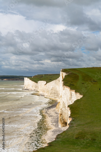 vertical view of the white cliffs of the Seven Sisters in East Sussex on the English Channel