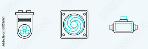 Set line Virtual reality glasses, Video graphic card and Computer cooler icon. Vector