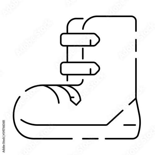 Winter vacation or tourism line icon. New year holiday. Christmas stocking, ice hockey, hot cocoa. Hello winter concept. Ski boots