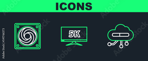Set line Internet of things, Computer cooler and Monitor display with 5k video icon. Vector