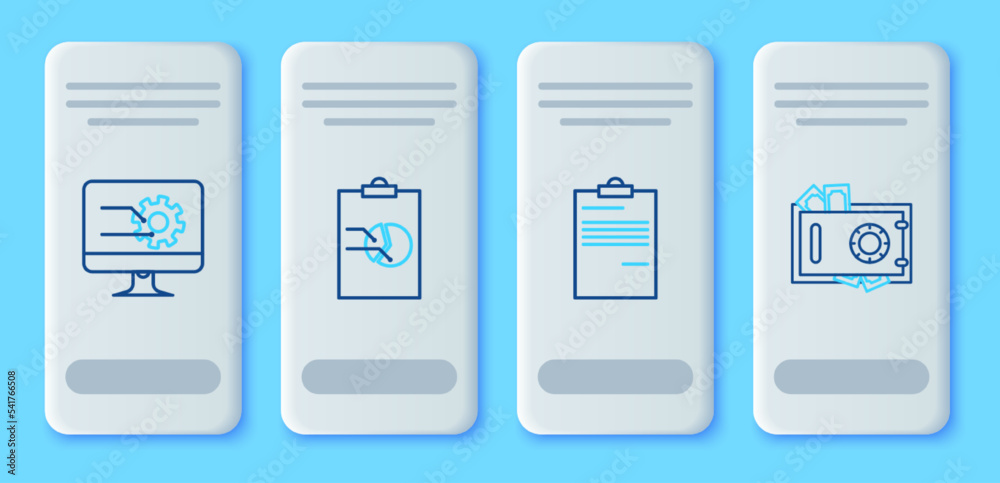 Set line Clipboard with graph chart, Document, Computer monitor and Safe and money icon. Vector Set line Clipboard with graph chart, Document, Computer monitor and Safe and money icon. Vector