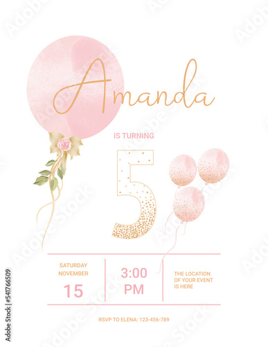 invitation card for the girl's first birthday party. Template for baby shower invitation. Five years	
