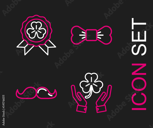 Set line Human hands holding four leaf clover, Mustache, Bow tie and Medal with icon. Vector