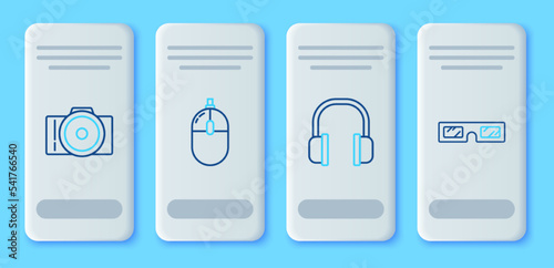 Set line Computer mouse, Headphones, Photo camera and 3D cinema glasses icon. Vector