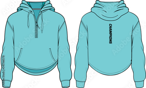 Women Long sleeve Hoodie jacket sweatshirt t shirt design template in vector, girls Crop top Hooded jacket sweater with front and back view, winter jacket for ladies for Running and workout in winter