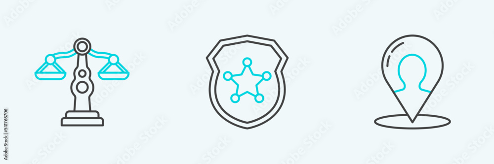 Set line Map marker with a silhouette of a person, Scales justice and Police badge icon. Vector