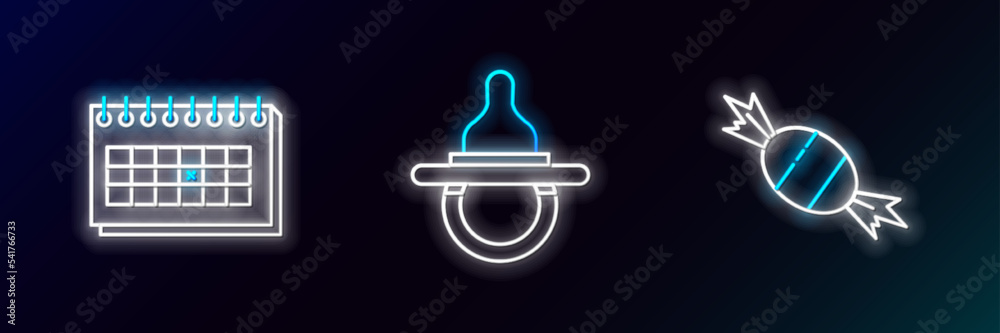Set line Candy, Calendar and Baby dummy pacifier icon. Glowing neon. Vector
