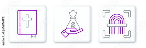 Set line Fingerprint, Holy bible book and Hand holding money bag icon. Vector