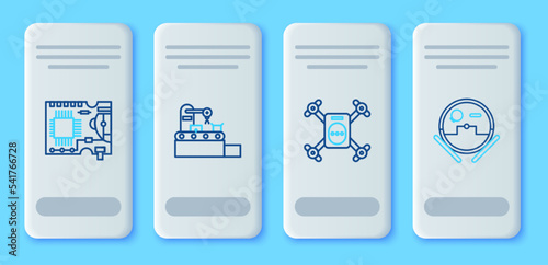 Set line Factory conveyor system belt, Drone flying with action camera, Printed circuit board PCB and Robot vacuum cleaner icon. Vector