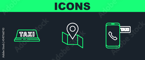 Set line Taxi call telephone service, car roof and Folded map with location marker icon. Vector