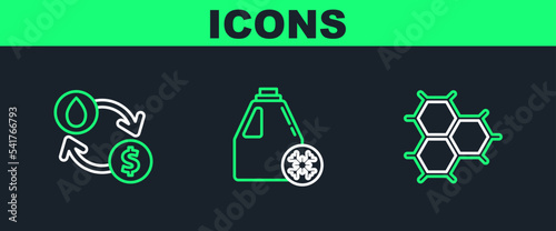 Set line Chemical formula consisting of benzene rings, Oil exchange, water transfer, convert and Antifreeze canister icon. Vector