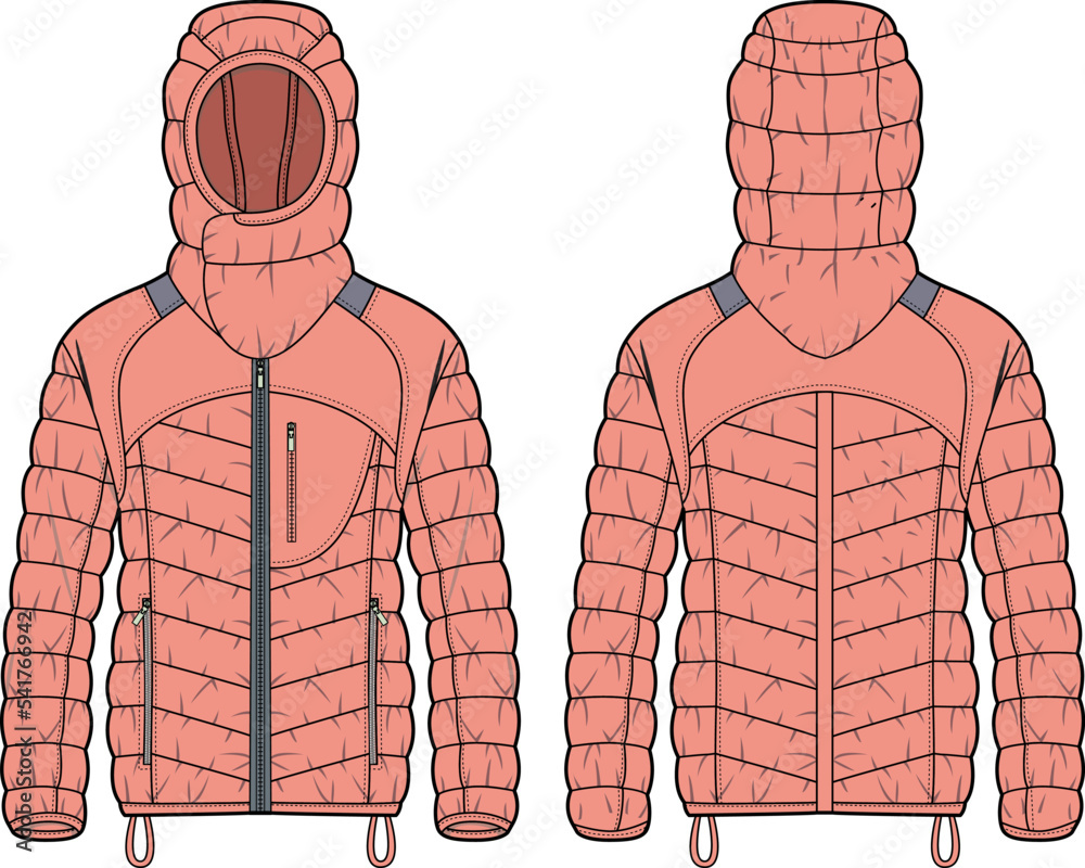 Womens Quilted Puffer Hoodie jacket design flat sketch Illustration, Down  puffa Padded Hooded jacket with front and back view, Soft shell winter  jacket for girls and ladies for outerwear in winter. Stock