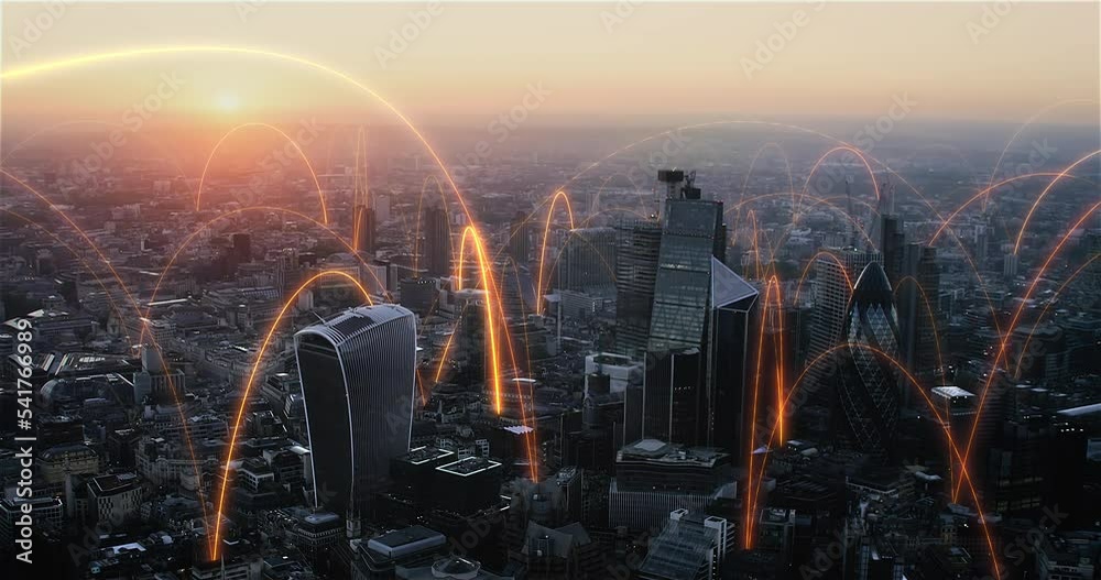 Aerial View Of Connected City. Arch Network. Smart And Futuristic Metropolis. Orange Holographic Lines Connecting London. Shot In 8K.