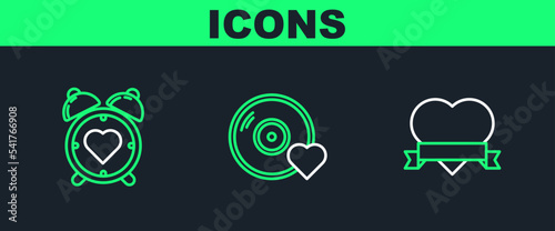 Set line Heart and ribbon, in the center alarm clock and Romantic music icon. Vector