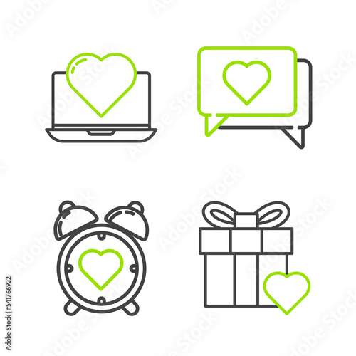 Set line Gift box and heart, Heart in the center alarm clock, Like and Laptop with icon. Vector