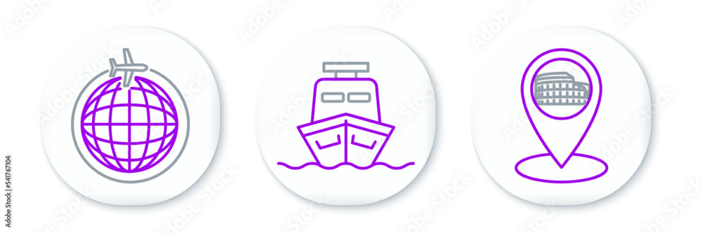 Set line Map pointer with Coliseum in Rome, Italy, Globe flying plane and Ship icon. Vector Set line Map pointer with Coliseum in Rome, Italy, Globe flying plane and Ship icon. Vector