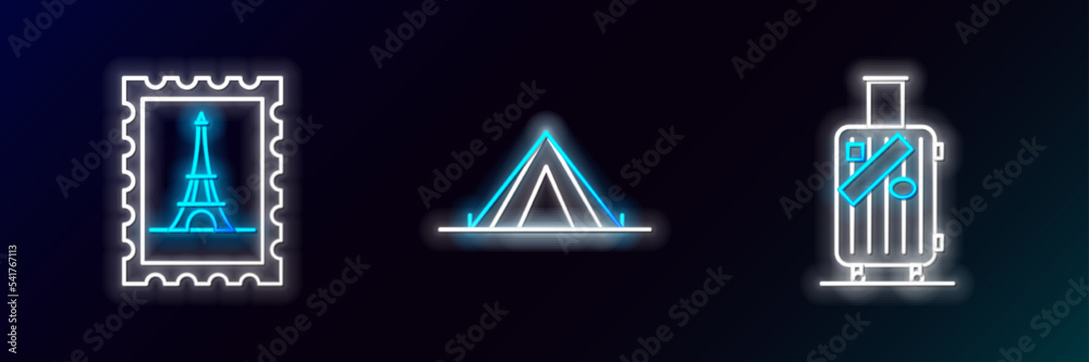 Set line Suitcase for travel and stickers, Postal stamp Eiffel tower and Tourist tent icon. Glowing neon. Vector Set line Suitcase for travel and stickers, Postal stamp Eiffel tower and Tourist tent icon. Glowing neon. Vector