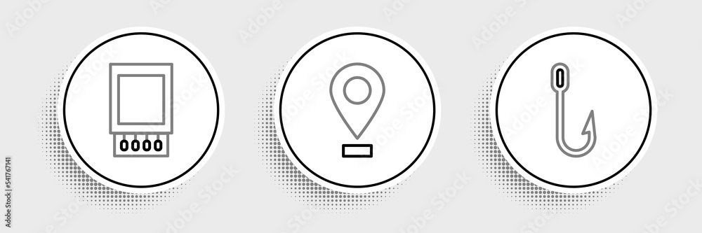 Set line Fishing hook, Open matchbox and matches and Location icon. Vector Set line Fishing hook, Open matchbox and matches and Location icon. Vector