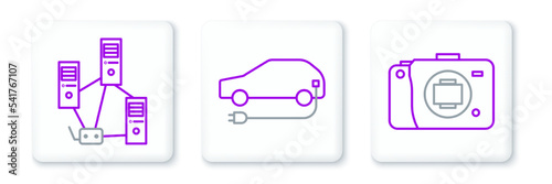 Set line Mirrorless camera, Computer network and Electric car icon. Vector