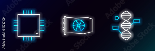 Set line DNA symbol, Processor with microcircuits CPU and Video graphic card icon. Glowing neon. Vector