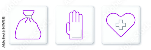 Set line Heart with a cross, Garbage bag and Rubber gloves icon. Vector