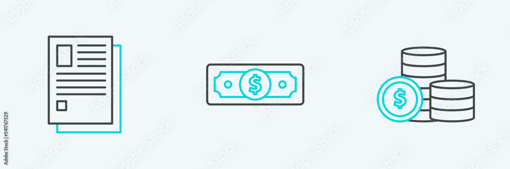 Set line Coin money with dollar symbol, File document and Stacks paper cash icon. Vector Set line Coin money with dollar symbol, File document and Stacks paper cash icon. Vector