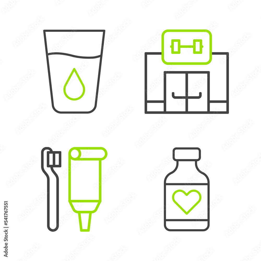 Set line Vitamin pill, Toothbrush and toothpaste, Gym building and Glass with water icon. Vector Set line Vitamin pill, Toothbrush and toothpaste, Gym building and Glass with water icon. Vector