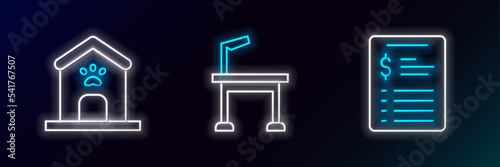 Set line Grooming salon price list, Dog house and paw print and Pet grooming table icon. Glowing neon. Vector
