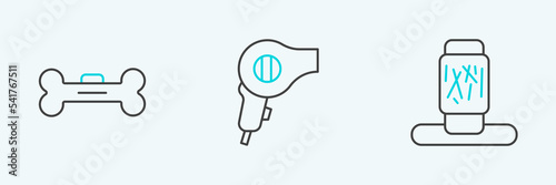 Set line Cat scratching post, Dog bone and Hair dryer icon. Vector
