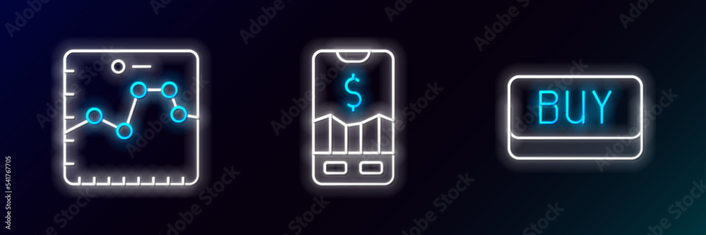 Set line Buy button, Browser with growth graph and Mobile stock trading icon. Glowing neon. Vector Set line Buy button, Browser with growth graph and Mobile stock trading icon. Glowing neon. Vector