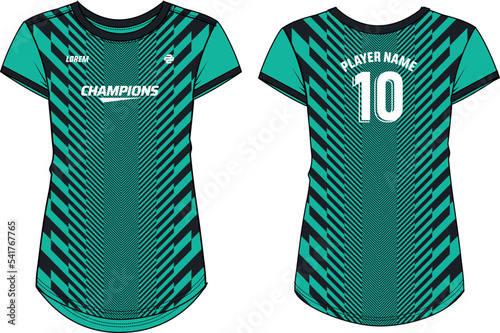 Women Sport Jersey t-shirt design flat sketch Illustration, halftone pattern Round neck t shirt for girls and Ladies Volleyball jersey, Football, badminton, Soccer and netball, Sport uniform kit