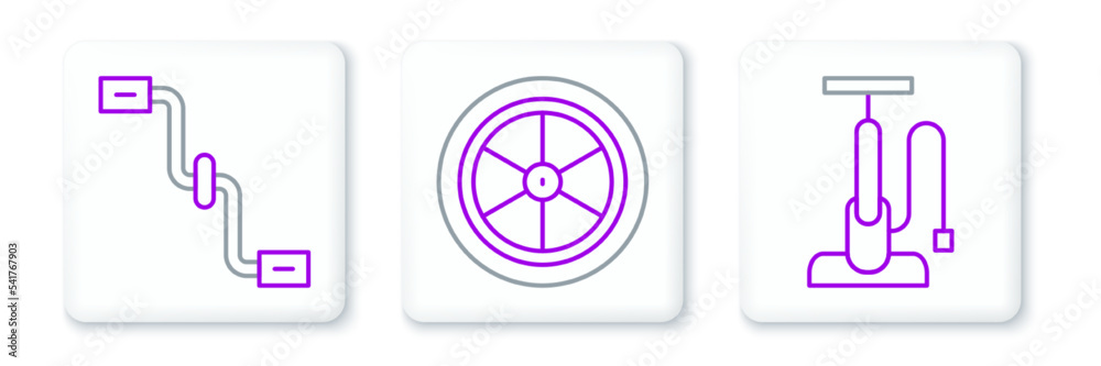 Set line Bicycle air pump, pedals and wheel icon. Vector Set line Bicycle air pump, pedals and wheel icon. Vector