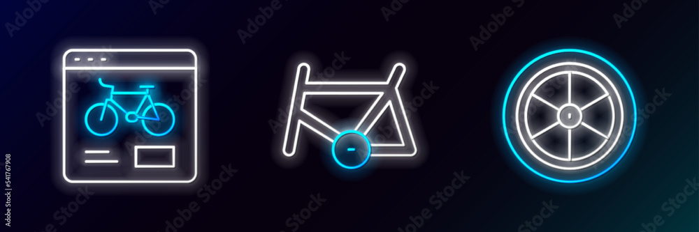 Fototapeta premium Set line Bicycle wheel, rental mobile app and frame icon. Glowing neon. Vector