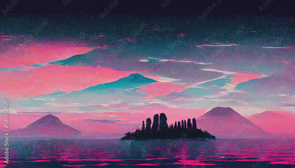 Abstract Retro futuristic sci-fi synthwave landscape in space with ...