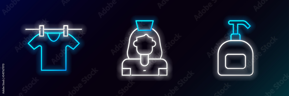 Set line Bottle of liquid soap, Drying clothes and Cleaning lady service icon. Glowing neon. Vector