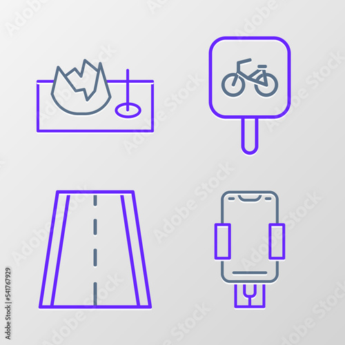 Set line Mobile holder, Bicycle lane, parking and on street ramp icon. Vector