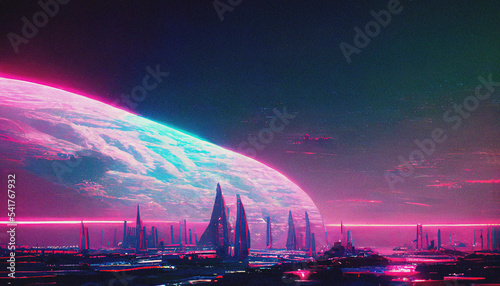 Abstract Retro futuristic sci-fi synthwave landscape in space with stars. Vaporwave stylized illustration for EDM music Ai generated.