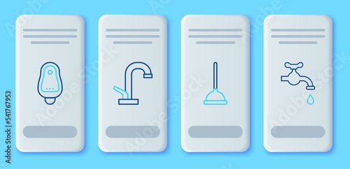 Set line Water tap, Rubber plunger, Toilet urinal or pissoir and icon. Vector