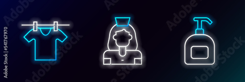 Set line Bottle of liquid soap, Drying clothes and Cleaning lady service icon. Glowing neon. Vector