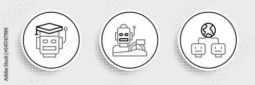 Set line Artificial intelligence, Robot and humanoid driving car icon. Vector