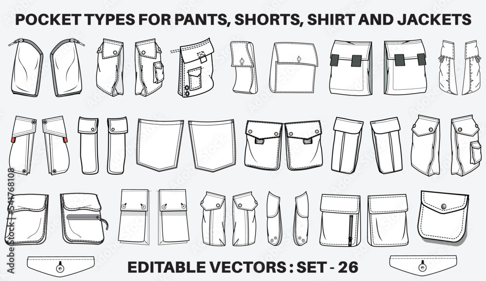 Patch pocket flat sketch vector illustration set, different types