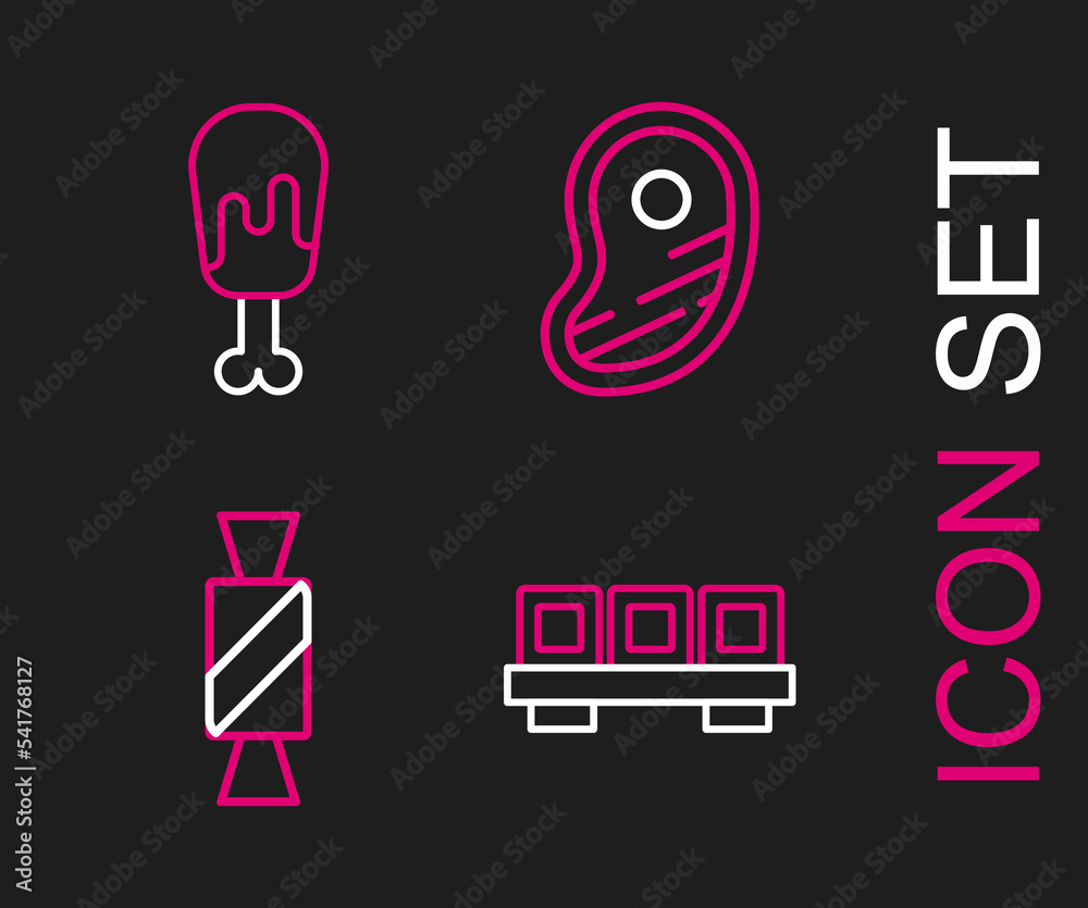 Set line Sushi on cutting board, Candy, Steak meat and Chicken leg icon. Vector Set line Sushi on cutting board, Candy, Steak meat and Chicken leg icon. Vector