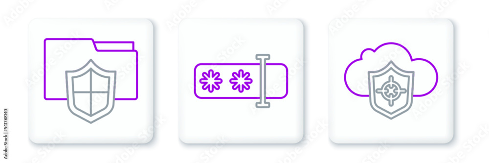 Set line Cloud and shield, Document folder protection and Password icon. Vector