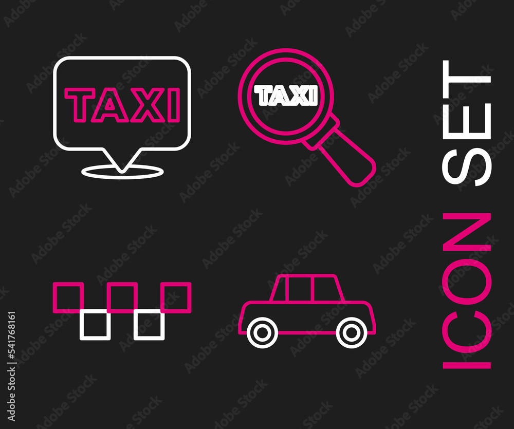 Set line Car, Taxi car roof, Magnifying glass and taxi and Location with icon. Vector Set line Car, Taxi car roof, Magnifying glass and taxi and Location with icon. Vector